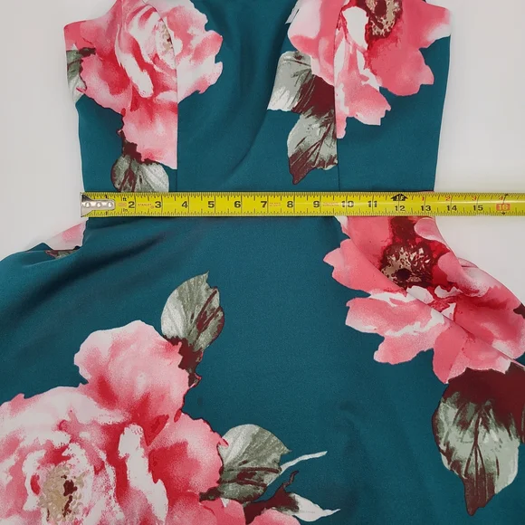 David's Bridal City Triangles Teal and Pink Lace Back Floral Mini Dress - Picture 10 of 14